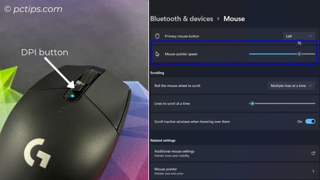 changing mouse dpi from button and windows settings