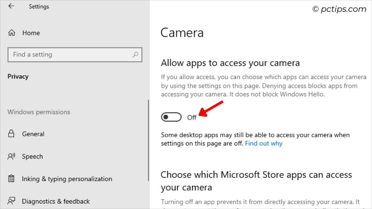 disable camera access windows 10