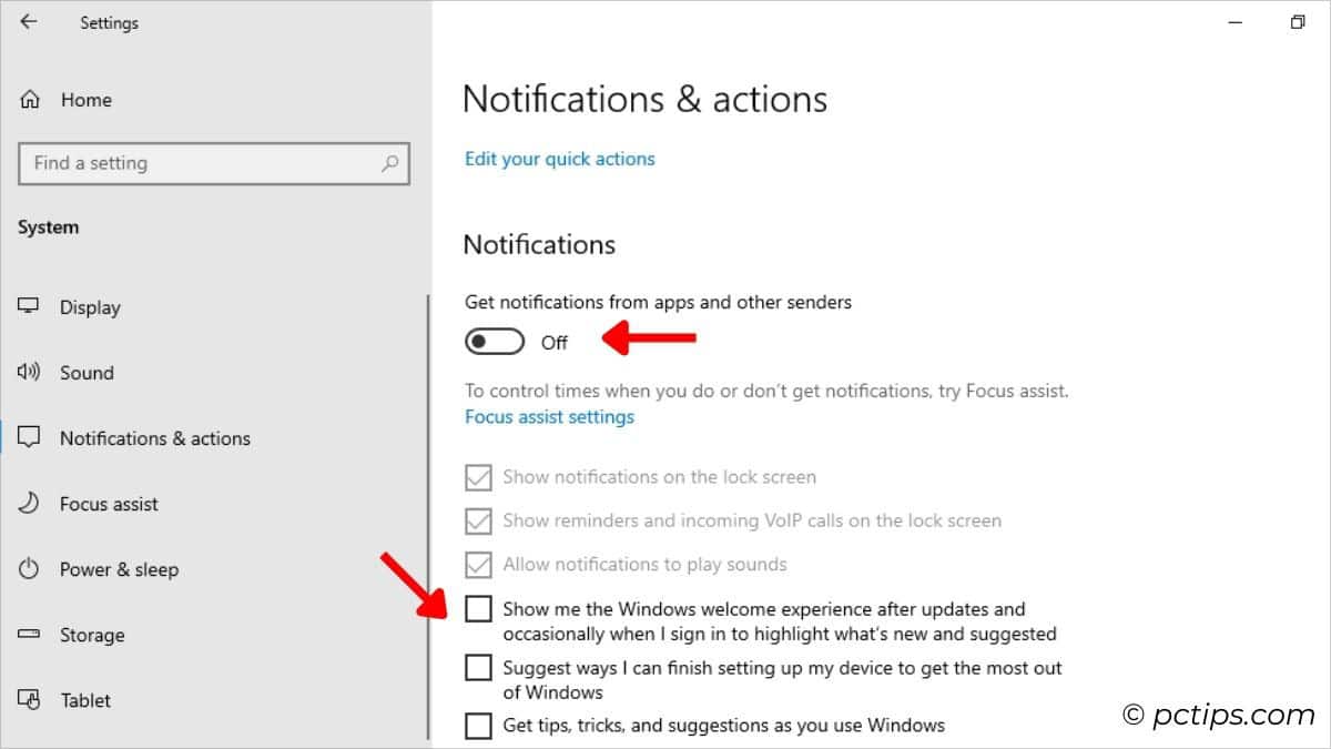 disable notifications windows 10