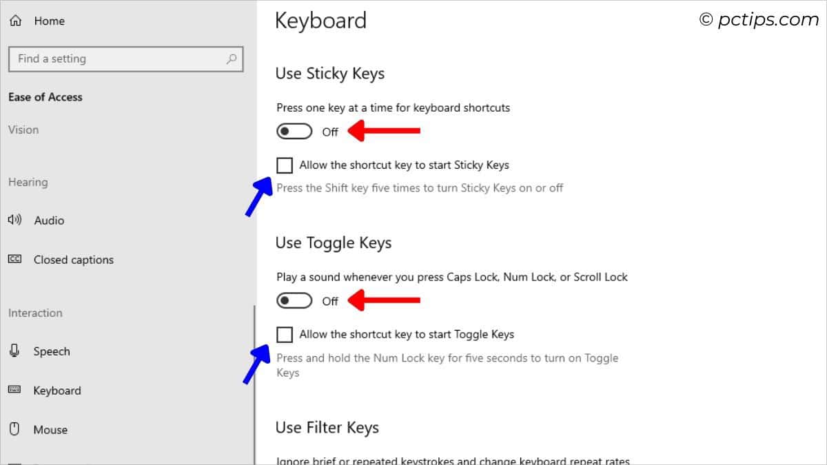 disable sticky toggle and filter keys windows 10