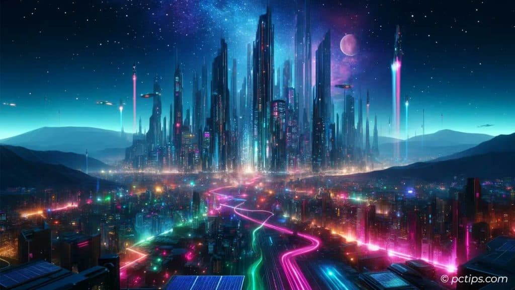 landscape of a neon city on a distant planet