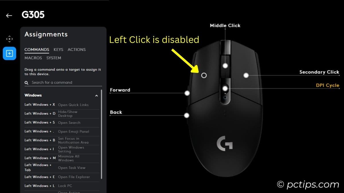 left click disabled in logitech g hub