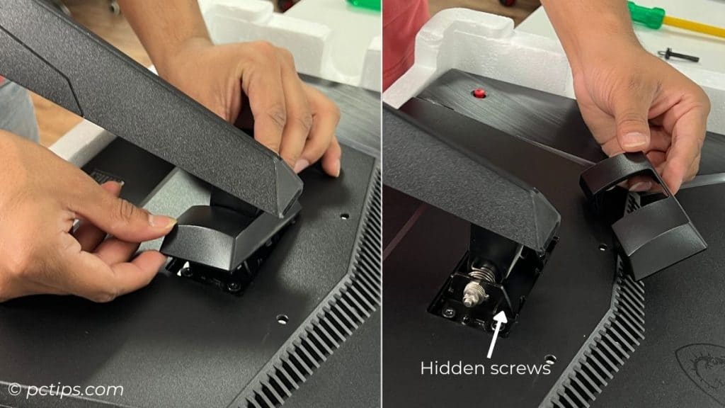 removing plastic cover that hides the stand screws