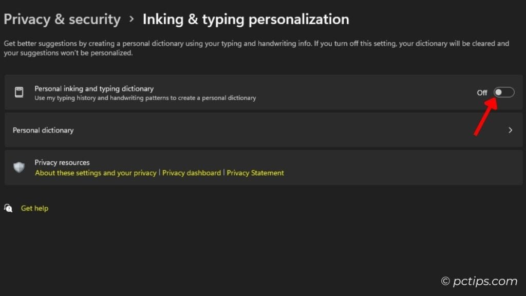 turn off personal inking and typing dictionary