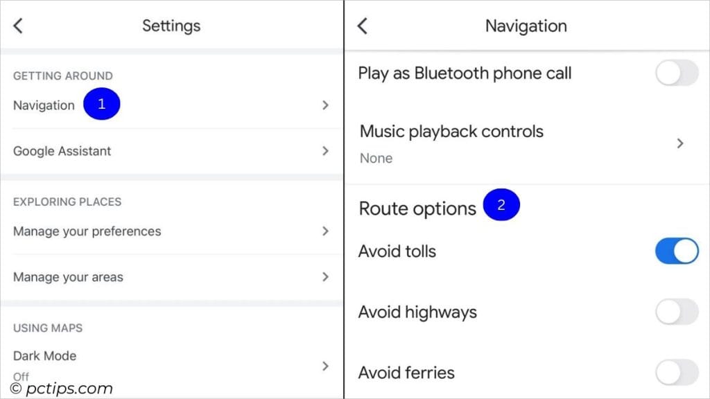 Avoid tolls, highways, ferries in ios