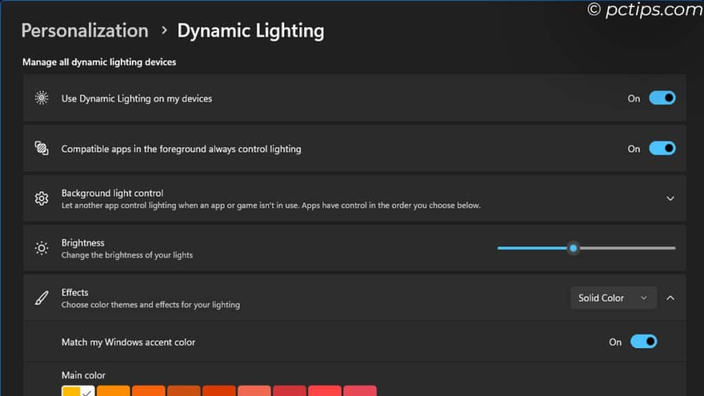 enable dynamic lightings in windows