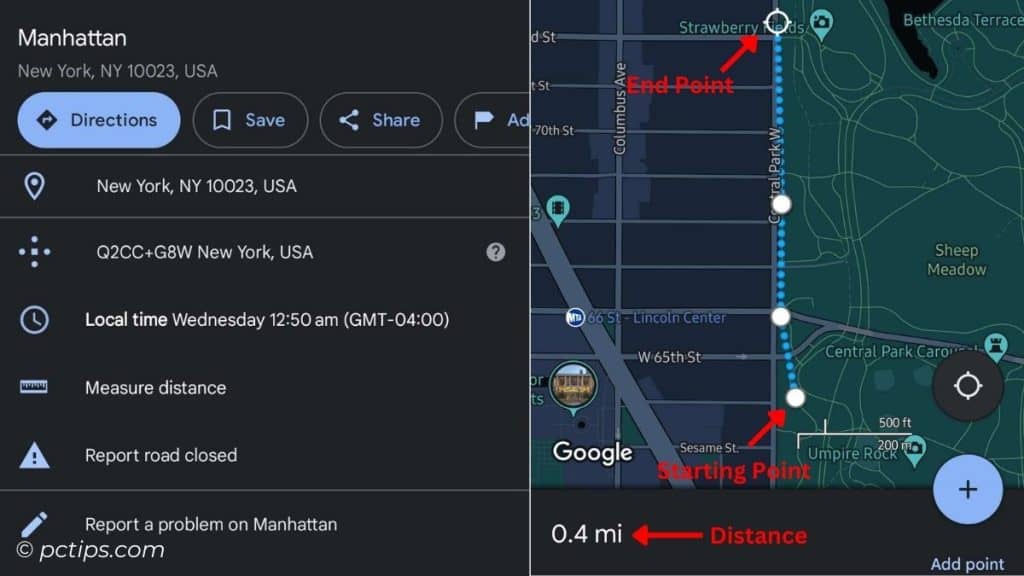 measure distance in google maps pc android