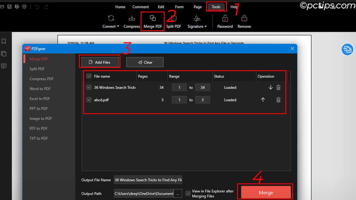 merge pdf files using pdf gear