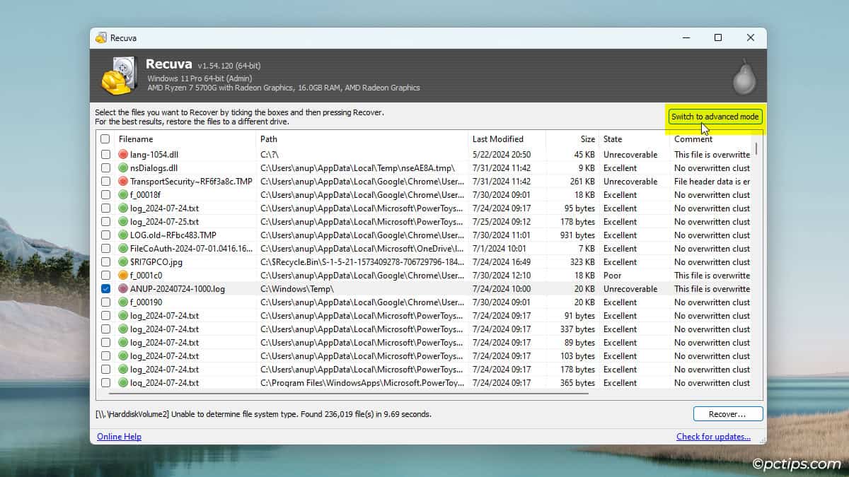 recuva-switch-to-advanced-mode