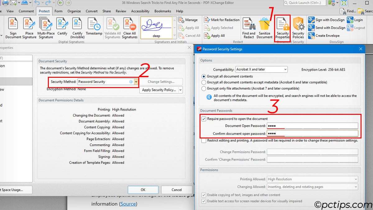 setting password in pdf xchange editor