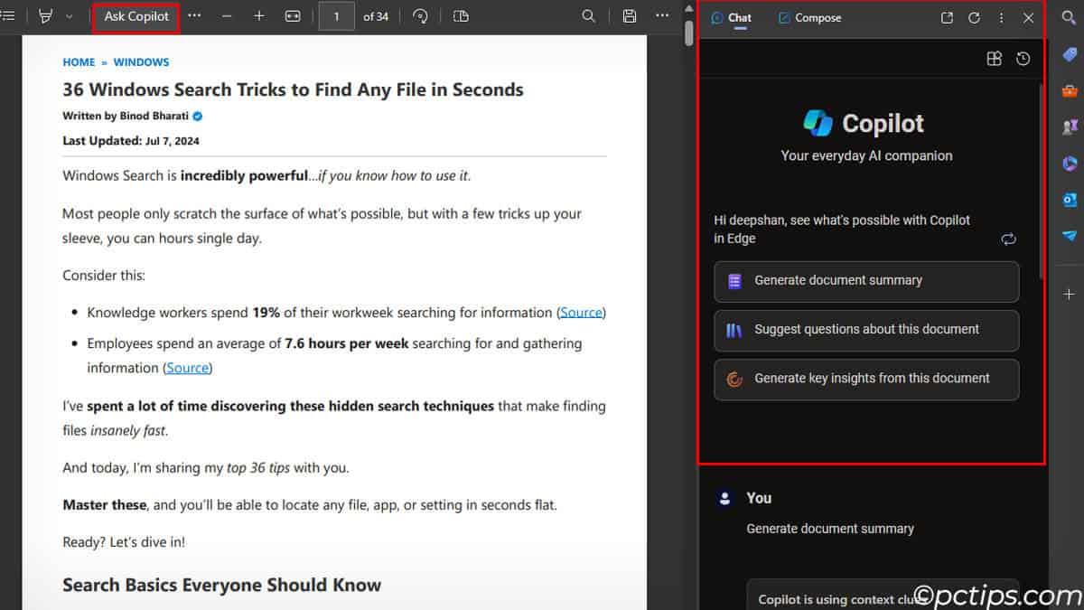 summarize pdf in microsoft edge