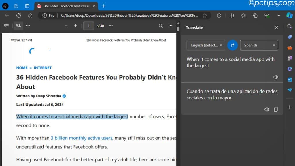 translating text in microsoft edge