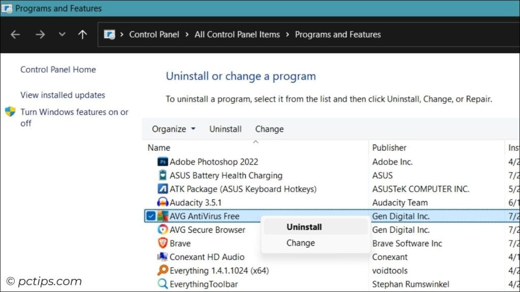 uninstall third party antivirus software