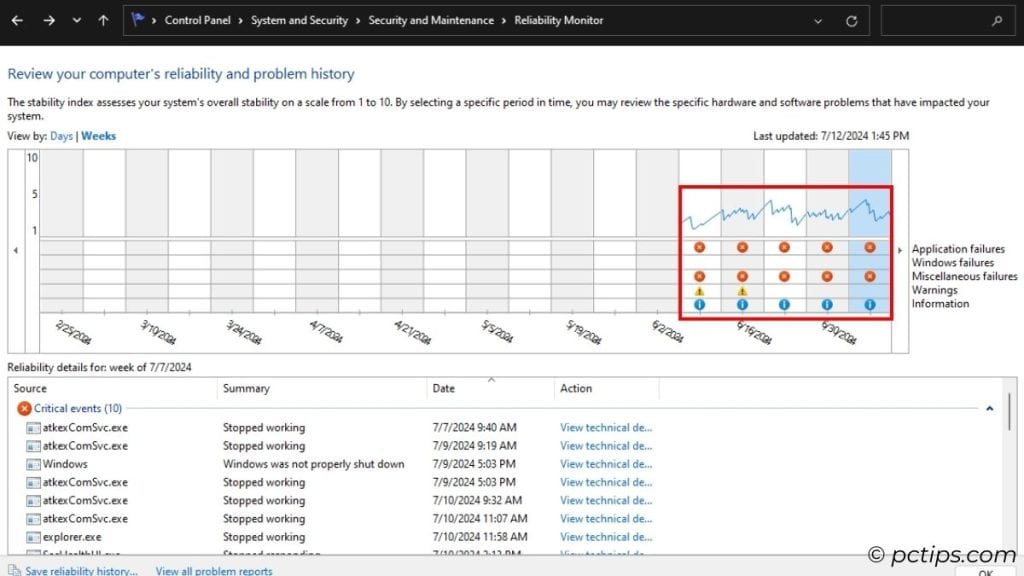 use reliability history to identify possible ram issues