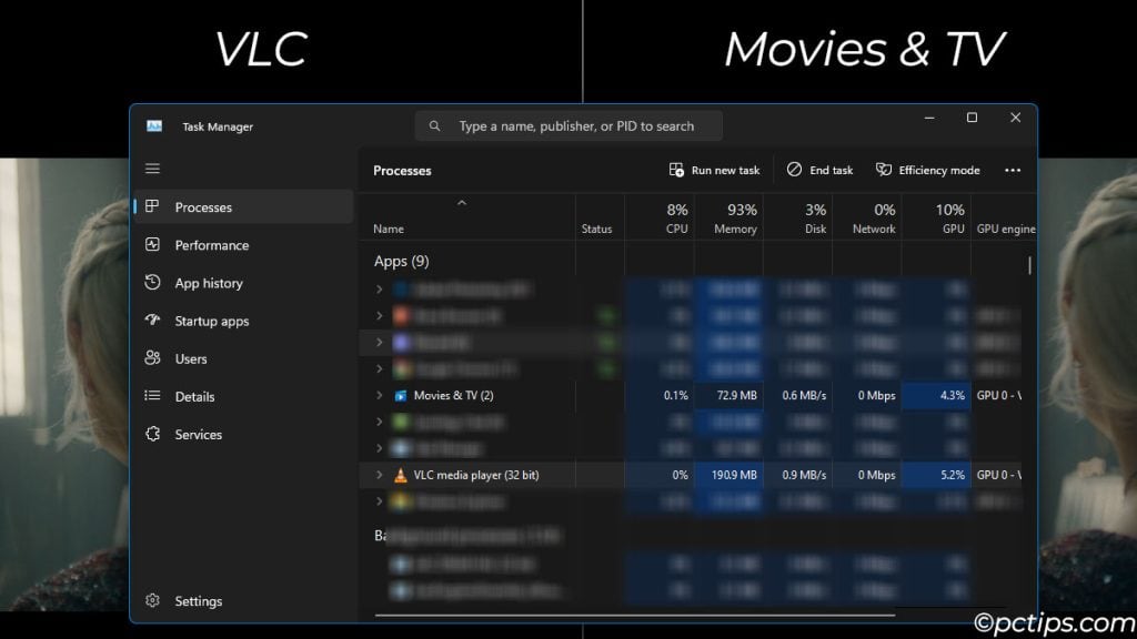 vlc vs movies and tv memory usage