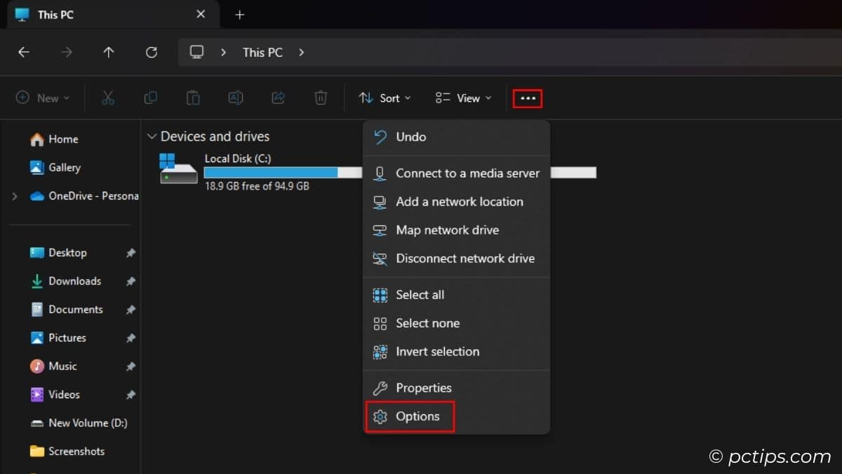 3-dots menu options in file explorer