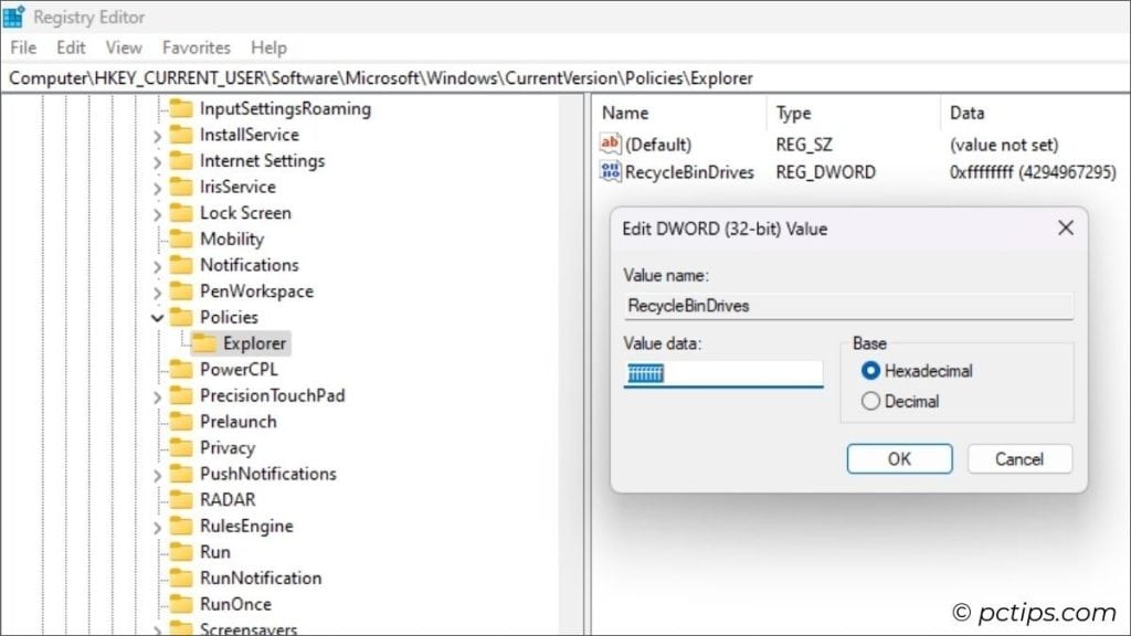 change explorer value in policies registry editor