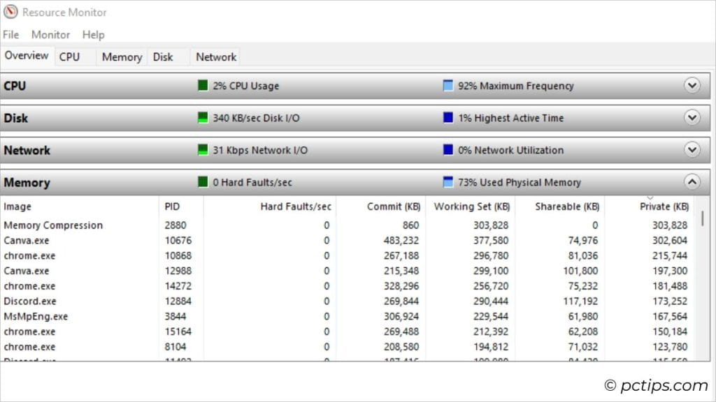 memory in overview tab