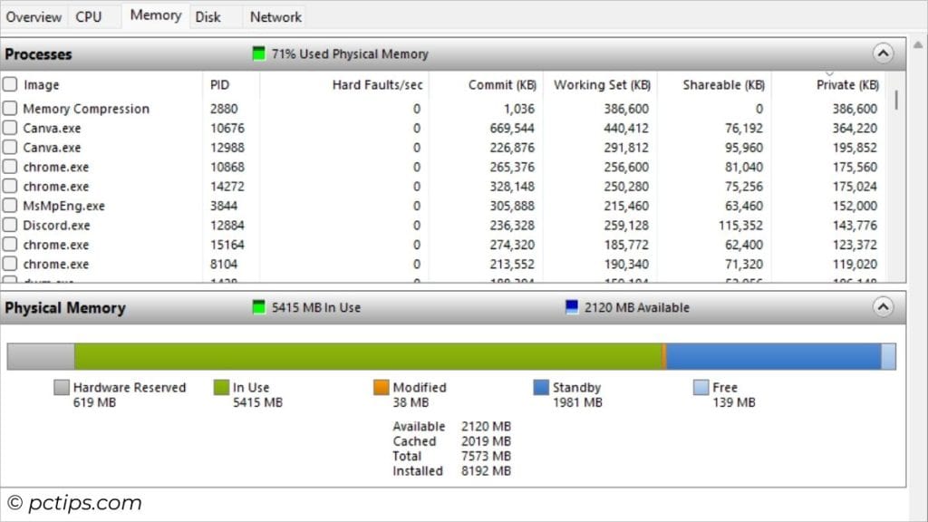 memory tab in resource montior