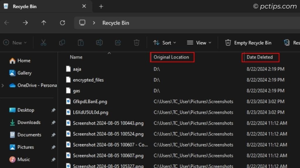 original location and date deleted column in recycle bin