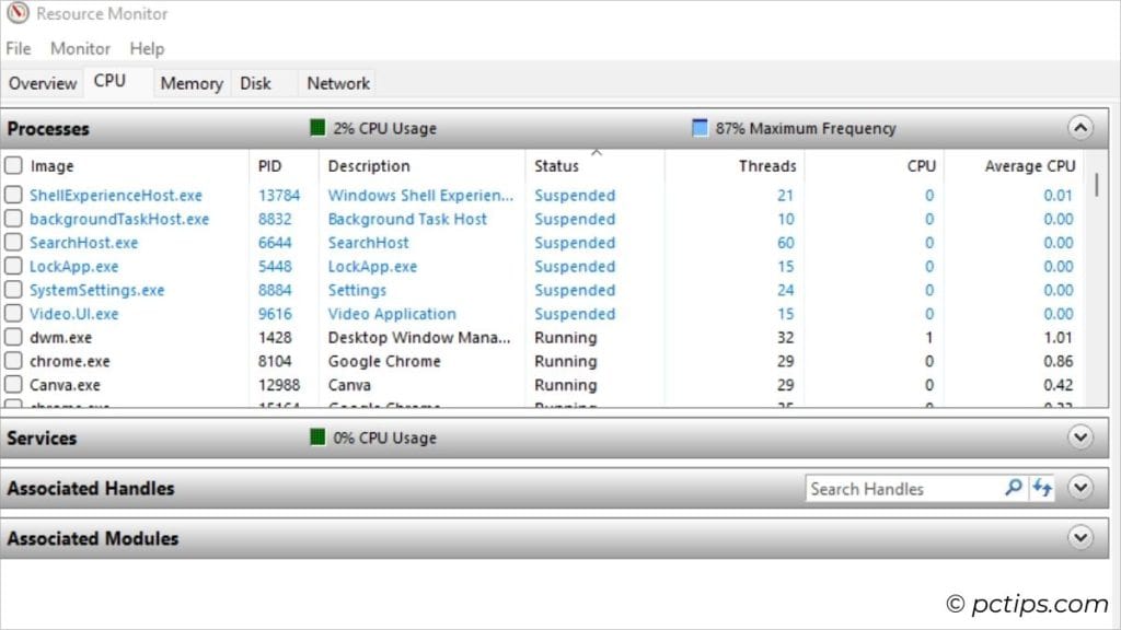 processes in cpu tab