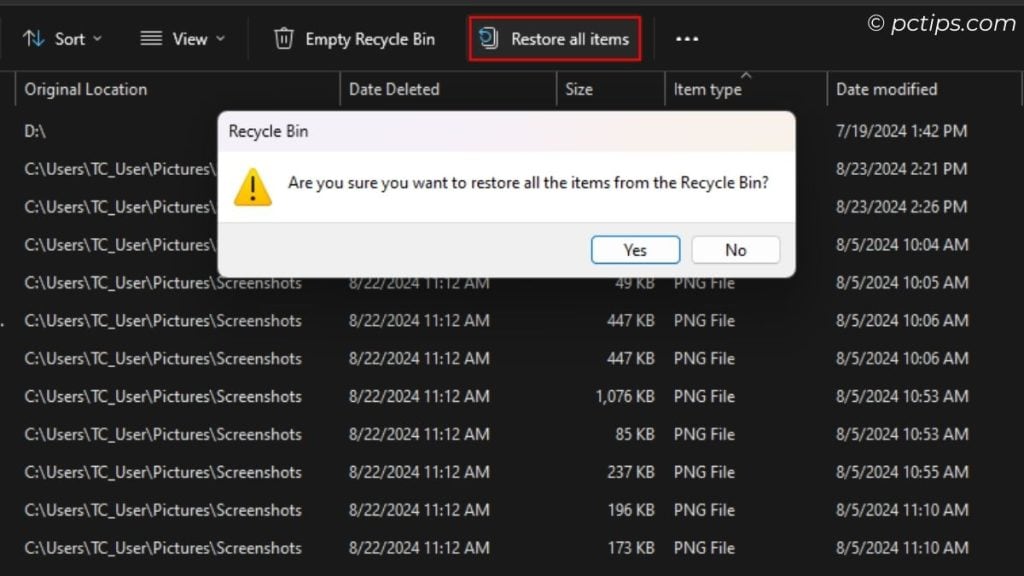 restore entire recycle bin folder