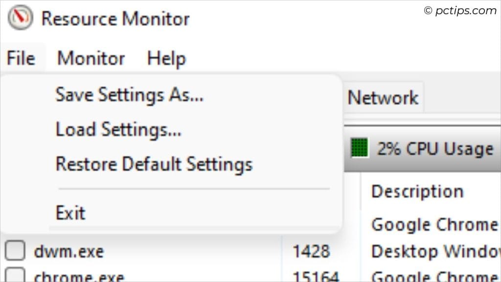 save load and restore resource monitor settings