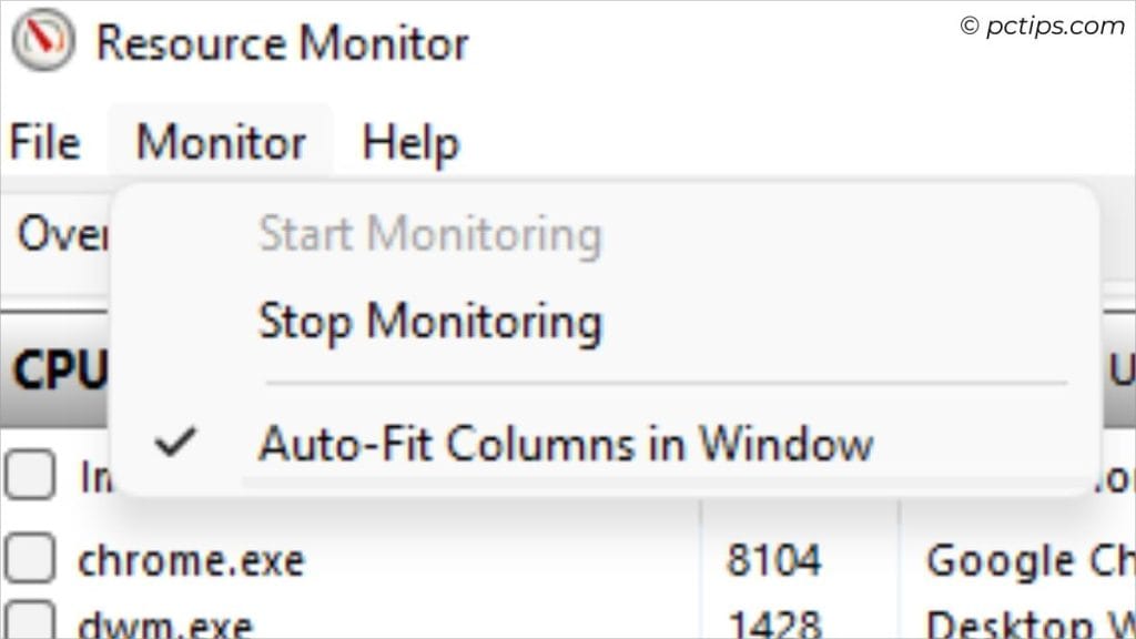 stop/start monitoring windows resource monitor