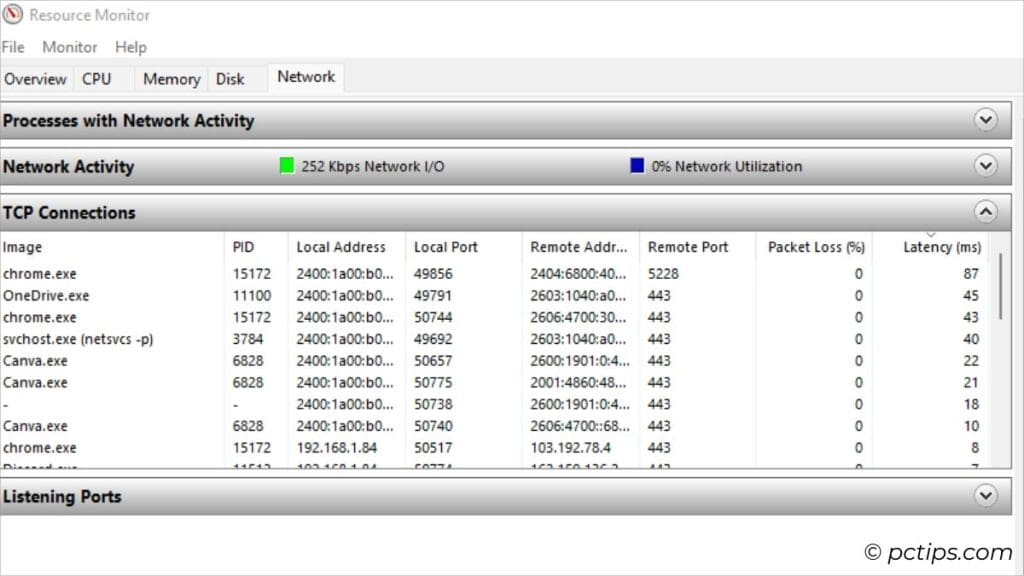 tcp connections in network tab