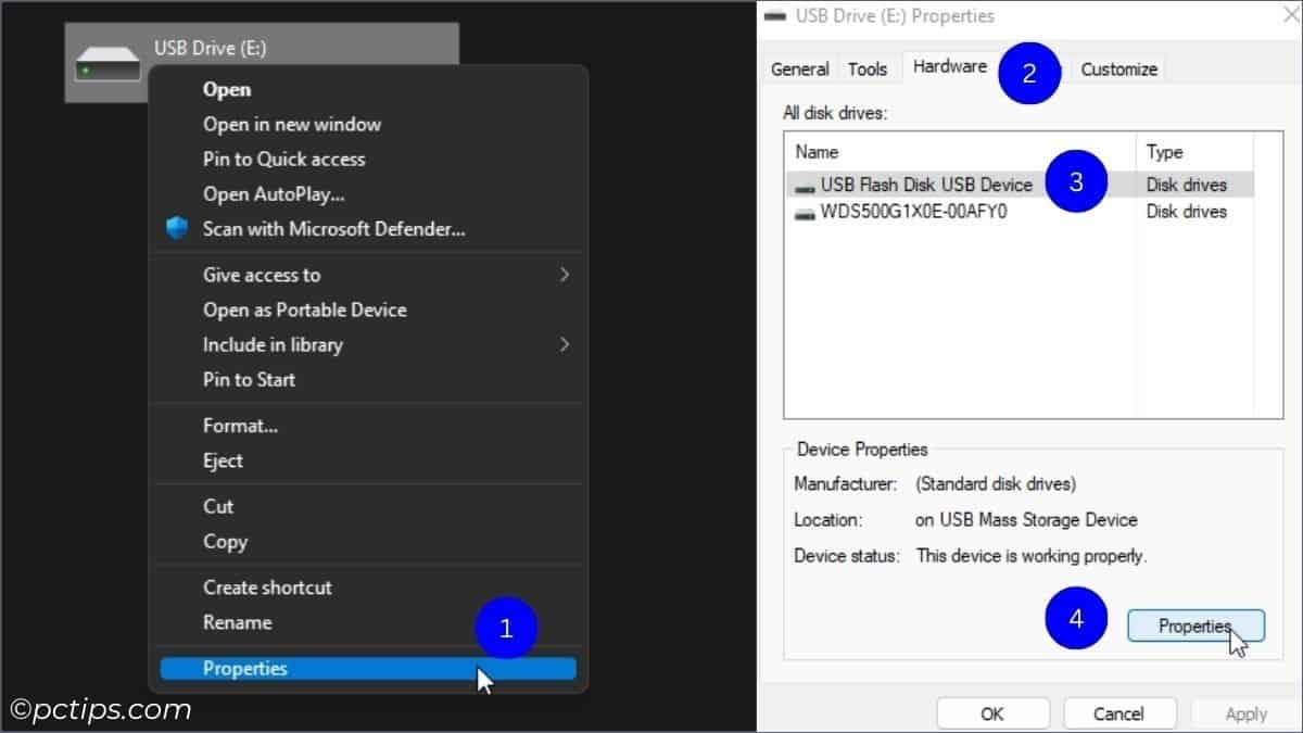 drive properties and hardware tab