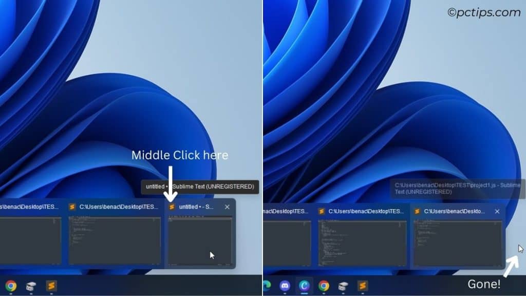 middle clicking in taskbar thumbnail closes the app instance