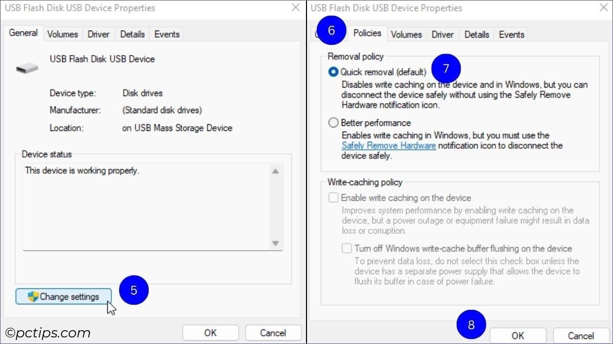 quick removal policy for usb drive